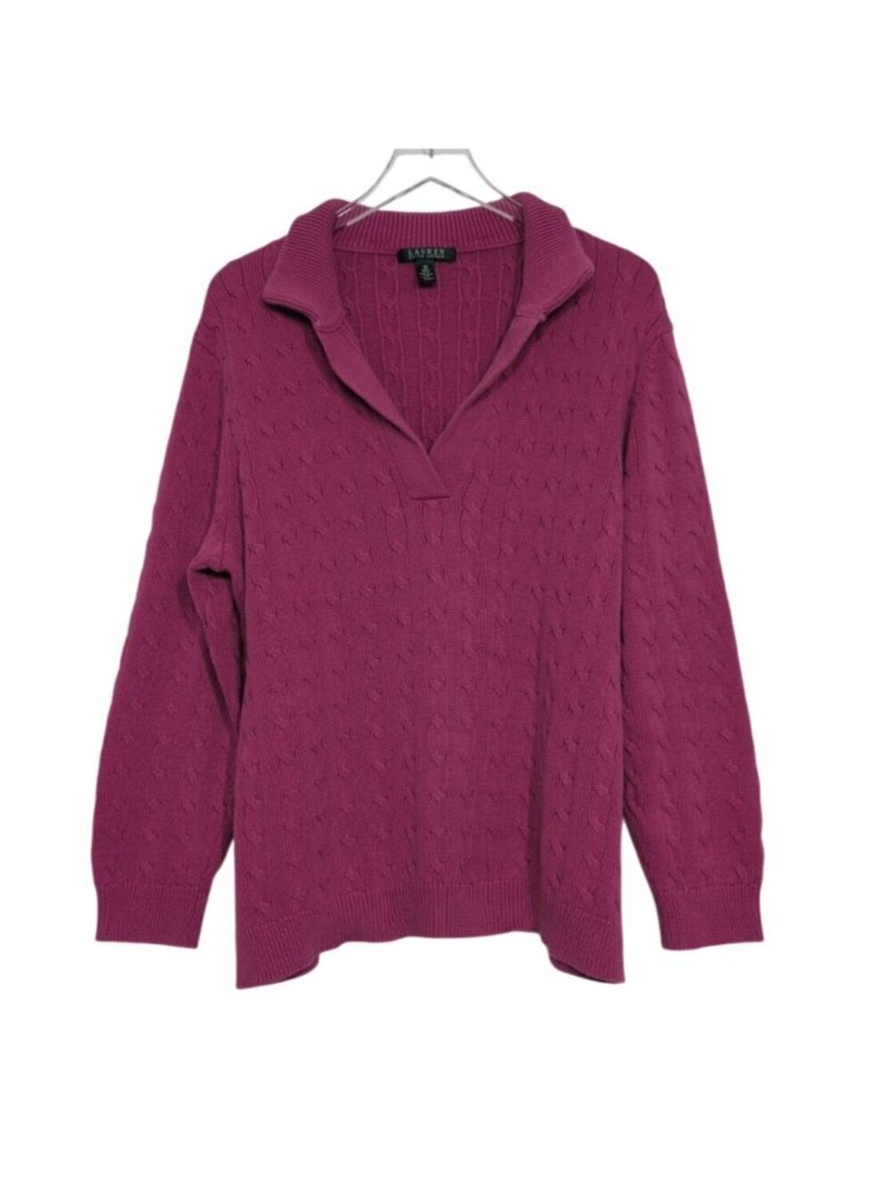 Lauren Ralph Lauren Cable Knit Sweater Womens Size 3X Pink Collared V Neck Prepp